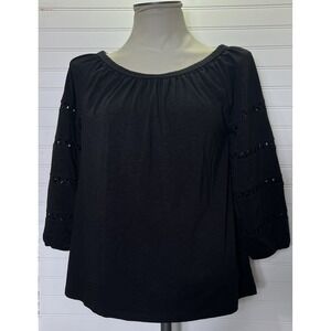 Talbots Womens Top Sz M Heathered Black Elastic Neck 3/4 Sleeve Cutouts Flowy